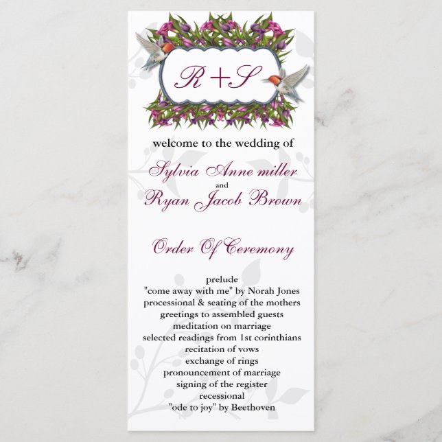 MONOGRAM humming birds Wedding program (Front)