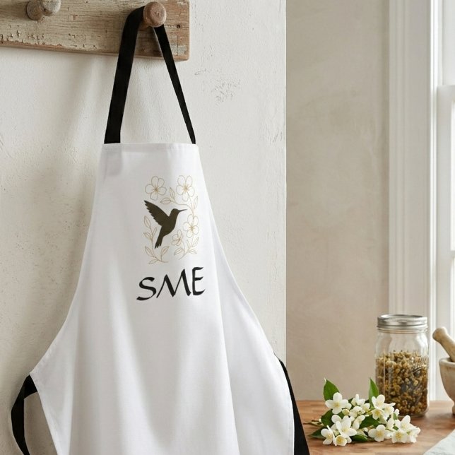 Monogram Hummingbird Botanical Floral Apron (Elegant hummingbird botanical design for her — perfect Mother's Day gift idea.)
