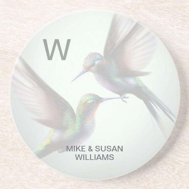 Monogram Hummingbird Sandstone Coaster (Front)