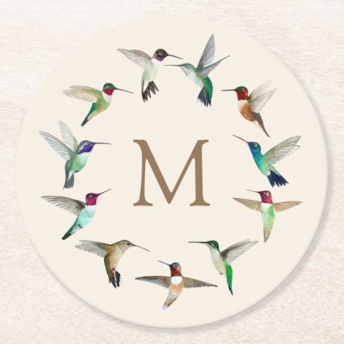 Monogram Hummingbirds Round Paper Coaster