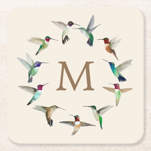Monogram Hummingbirds Square Paper Coaster