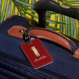 Monogram I dark red wood letter flower Luggage Tag
