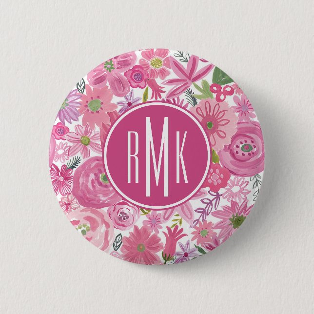 Monogram | I Do Pink Watercolor Floral Pattern Button (Front)