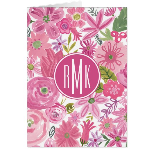 Monogram | I Do Pink Watercolor Floral Pattern Cards (Front)