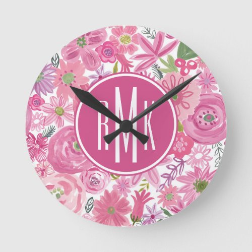 Monogram  I Do Pink Watercolor Floral Pattern Round Clock