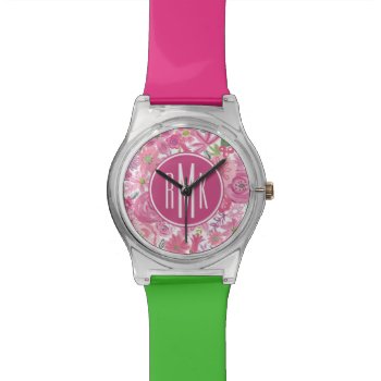 Monogram | I Do Pink Watercolor Floral Pattern Watch by wildapple at Zazzle