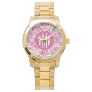 Monogram I Do Pink Watercolor Floral Pattern Watch