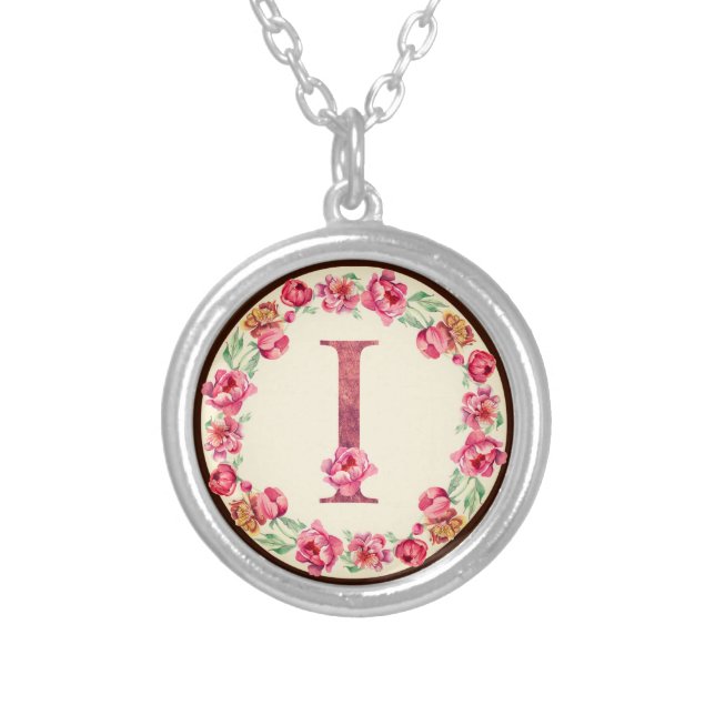 Monogram I Letter with Peony Flower Charm Silver Plated Necklace (Front)