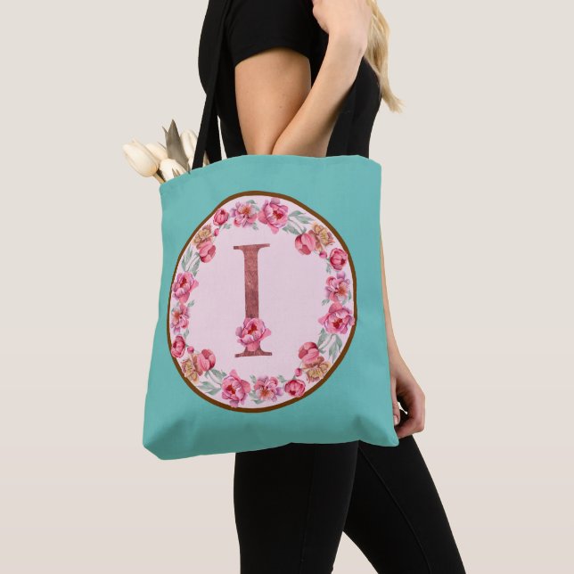 Monogram I Letter with Peony Flower Image Tote Bag (Close Up)