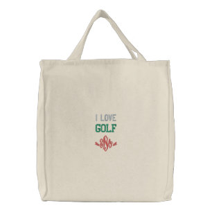 Monogram I Love Golf Red Gray Green Embroidered Tote Bag