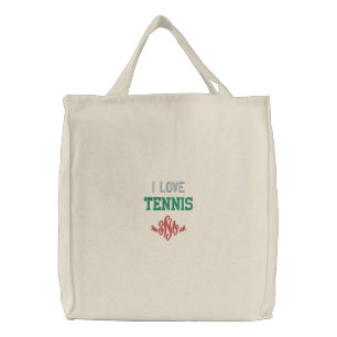 Monogram I Love Tennis Red Gray Green Embroidered Tote Bag