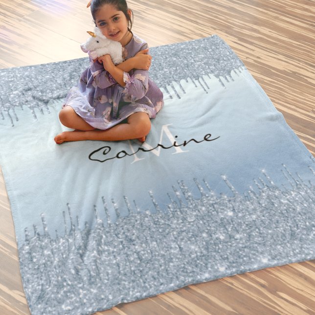 Monogram Ice Blue Dripping Glitter Metallic Name Fleece Blanket (Creator Uploaded)