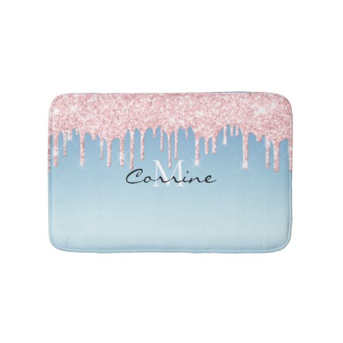 Monogram Ice Blue Metallic Pink Glitter Dripping Bath Mat