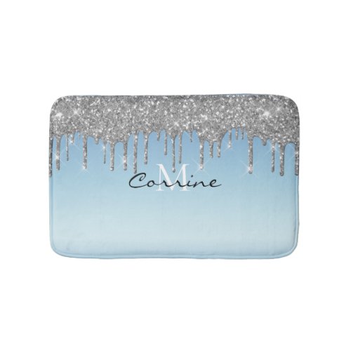 Monogram Ice Blue Metallic Silver Glitter Dripping Bath Mat