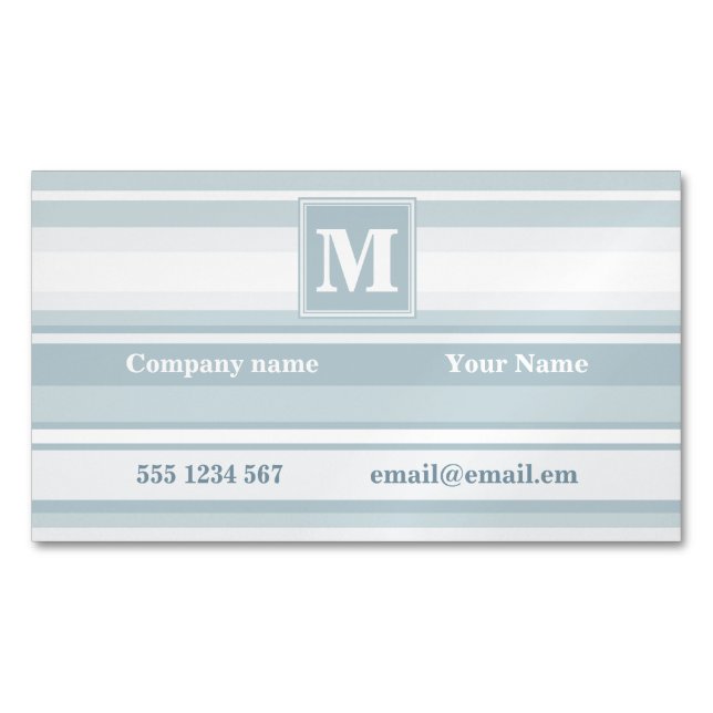 Monogram ice blue stripes magnetic business card (Front)