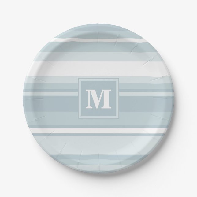 Monogram ice blue stripes paper plates (Front)