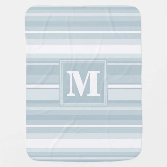 Monogram ice blue stripes stroller blanket (Front)