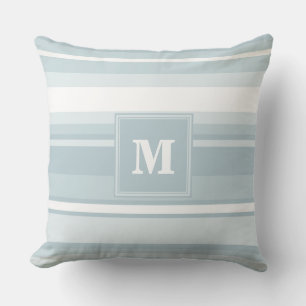 Monogram ice blue stripes throw pillow