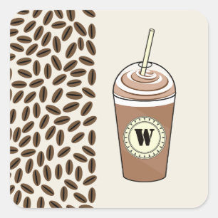 Monogram Iced Coffee To Go & Coffee Beans Square Sticker