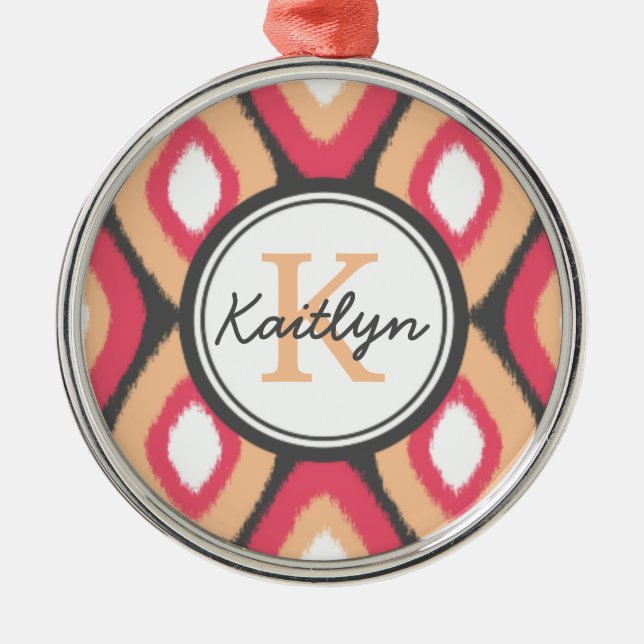 Monogram Ikat Diamonds Pattern Pink Gray Metal Ornament (Front)