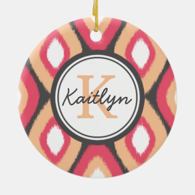 Monogram Ikat Diamonds Pattern Pink Grey Ceramic Ornament (Back)