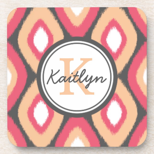 Monogram Ikat Diamonds Pattern Pink Grey Drink Coaster (Front)