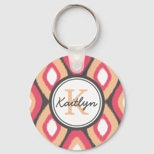 Monogram Ikat Diamonds Pattern Pink Grey Keychain
