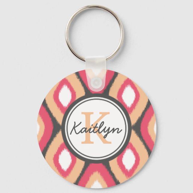 Monogram Ikat Diamonds Pattern Pink Grey Keychain (Front)