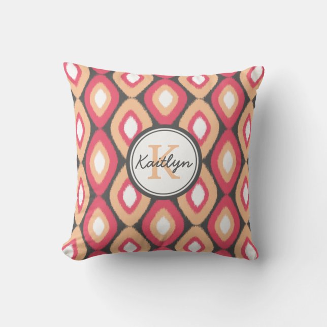 Monogram Ikat Diamonds Pattern Pink Grey Throw Pillow (Front)