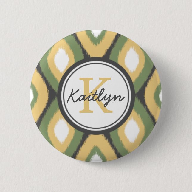 Monogram Ikat Diamonds Pattern Sage Yellow Pinback Button (Front)