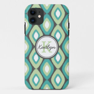 Monogram Ikat Diamonds Pattern Teal Mint iPhone 11 Case