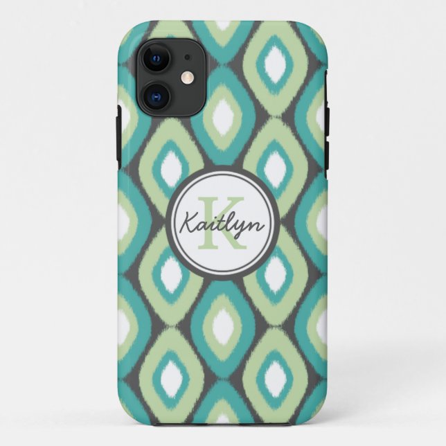 Monogram Ikat Diamonds Pattern Teal Mint Case-Mate iPhone Case (Back)