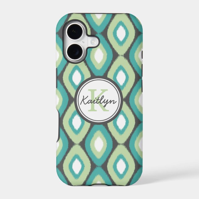 Monogram Ikat Diamonds Pattern Teal Mint Iphone Case (Back)