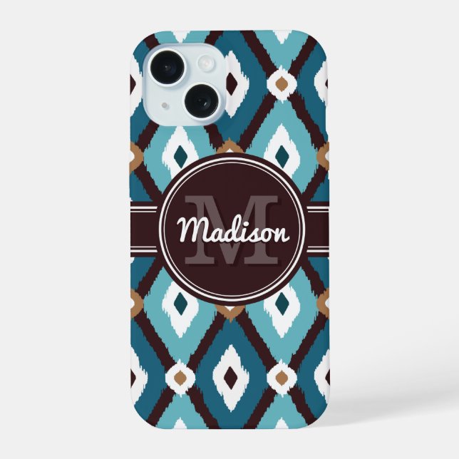 Monogram Ikat Pattern Blue and Brown Iphone Case (Back)