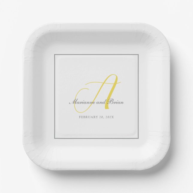 Monogram Illuminating Yellow, and Gray with White Paper Plates (Front)
