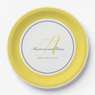 Monogram Illuminating Yellow, and Gray with White Paper Plates