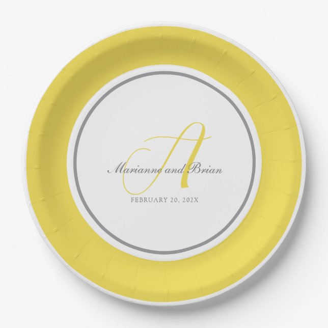 Monogram Illuminating Yellow, and Gray with White Paper Plates (Front)