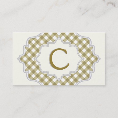 Monogram in a frame olive green white gingham business card