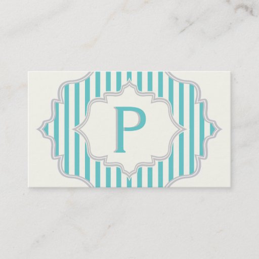 Customizable Monogram in a frame with aqua, white stripes business cards