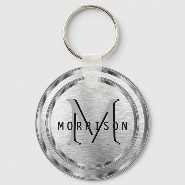 Monogram in a Silver Brush Texture Keychain (Front)