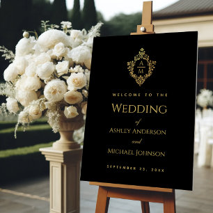 Monogram in Crest Black Faux Gold Wedding Welcome Foam Board