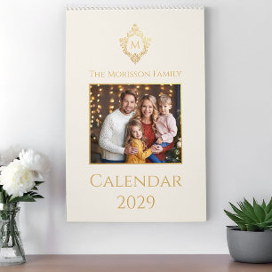 Monogram in Crest Elegant Family Photo Ivory Gold Calendar