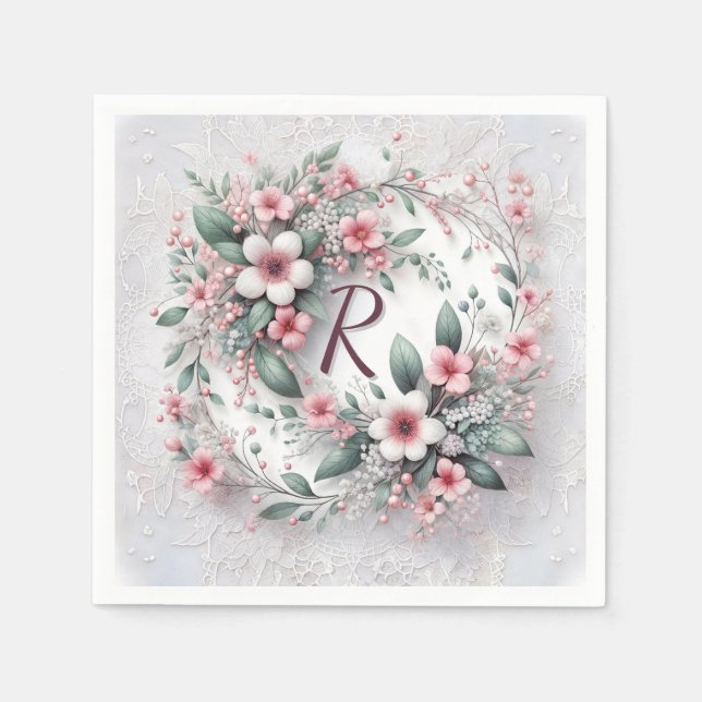 Monogram In Elegant Wedding Floral Wreath Napkins (Front)