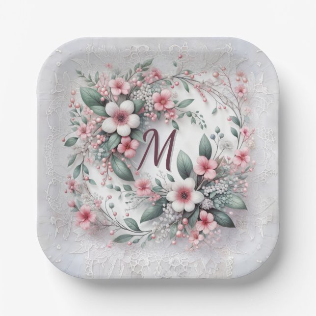 Monogram In Elegant Wedding Floral Wreath Paper Plates (Front)