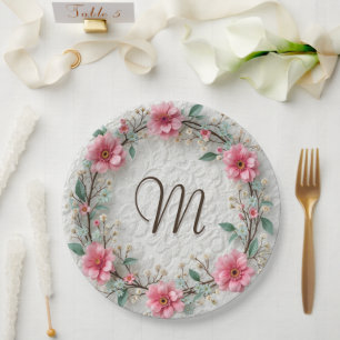 Monogram In Elegant Wreath On Lace Paper Plates