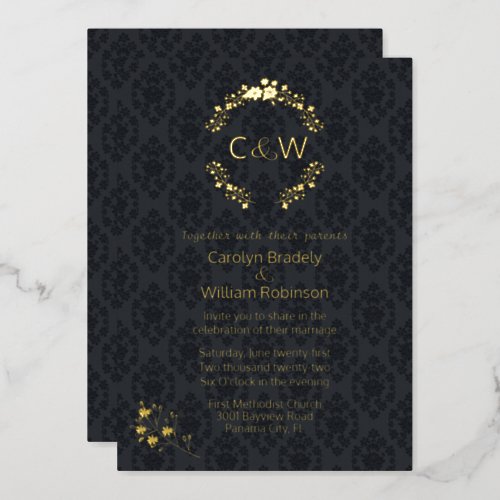 Monogram in Floral Wreath Black Damask Wedding  Foil Invitation