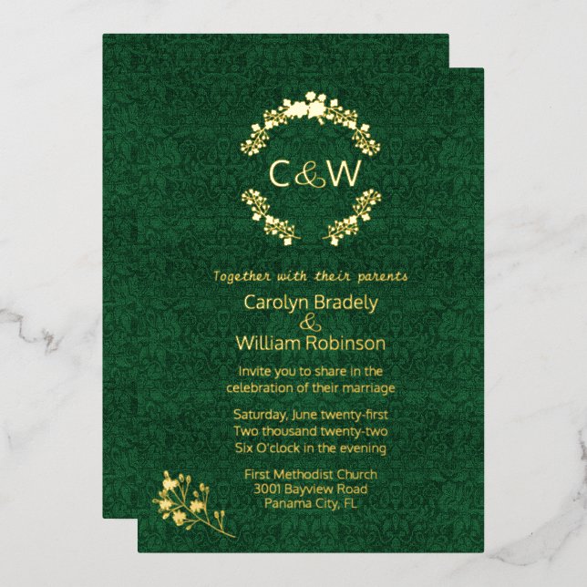 Monogram in Floral Wreath Green Damask Wedding   Foil Invitation (Front/Back)