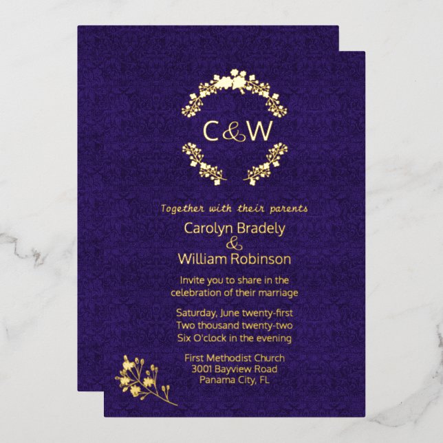Monogram in Floral Wreath Purple Damask Wedding Foil Invitation (Front/Back)