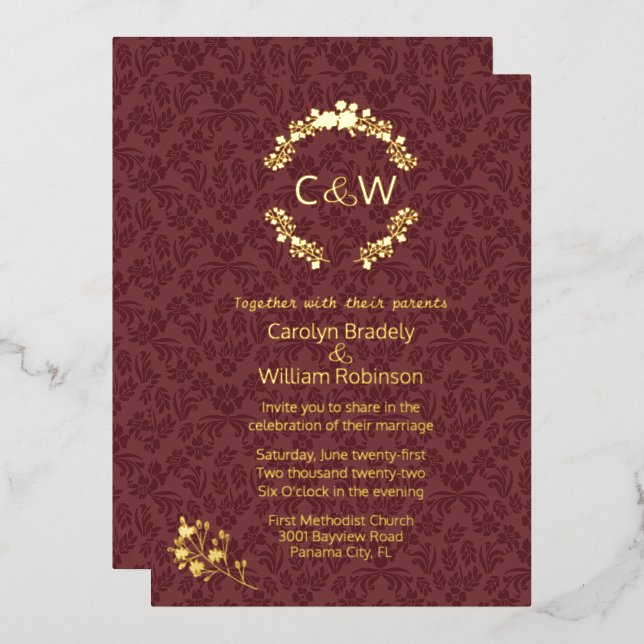 Monogram in Floral Wreath Wine Damask Wedding Foil Invitation (Front/Back)