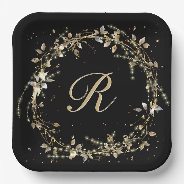 Monogram In Gold Glowing Wreath On Black  Paper Plates (Front)